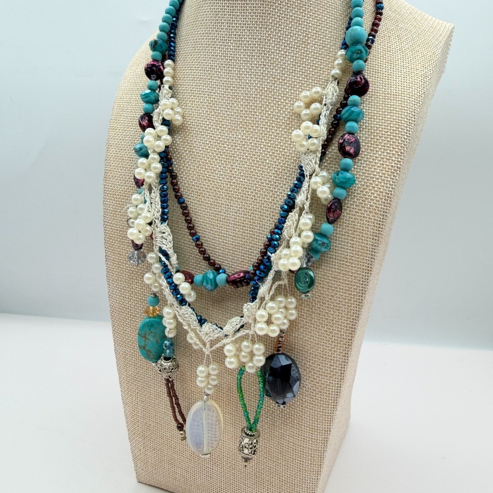 Vintage Y2K Multi Strand Beaded Turquoise Pearl Necklace Boho Statement Jewelry - Picture 10 of 14